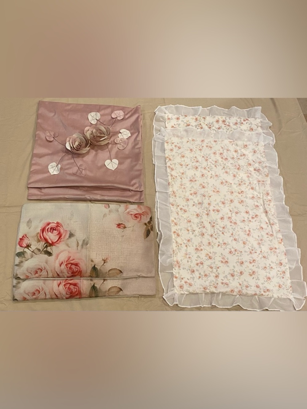 NWT Cream/Pink Floral Pillowcase Sets W/Textured Accents and Ruffles - Lot of 6